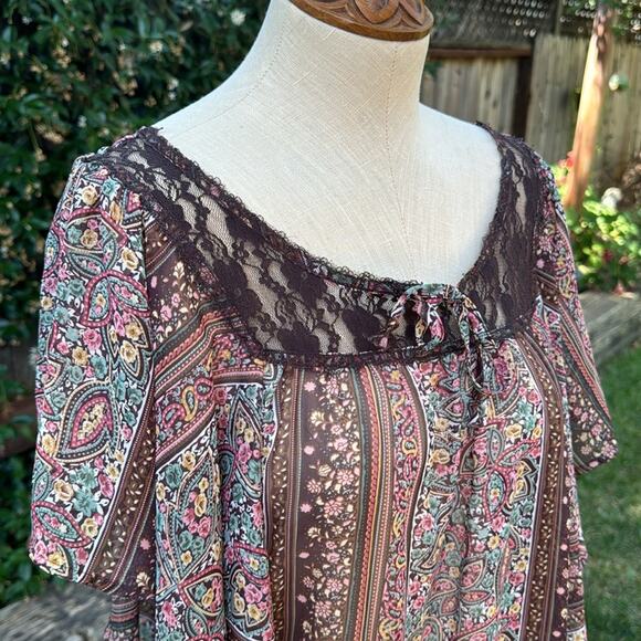 Fang Sheer Lace Paisley Flutter Peasant Boho Long Batwing Blouse Large - Picture 2 of 12